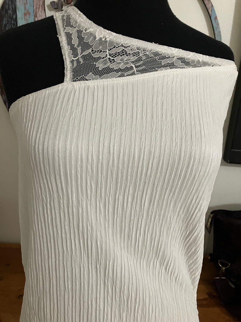 SHEIN White One-Shoulder Lace-Trim Pleated Dress